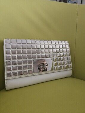 Michael Kors White Clutch with Silver Studded Grid, 9.5" × 6"